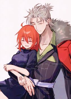 Rule 34 | 1boy, 1girl, :d, absurdres, ahoge, black sweater, closed eyes, coat, coat on shoulders, command spell, fate/grand order, fate (series), fomnant, fujimaru ritsuka (female), fur-trimmed coat, fur trim, grey hair, highres, jacket, long sleeves, medium hair, open mouth, orange hair, pinstripe jacket, pinstripe pattern, pocket square, red coat, sash, smile, sweater, takeda shingen (fate), takeda shingen (first ascension) (fate), two-sided coat, two-sided fabric, waist sash