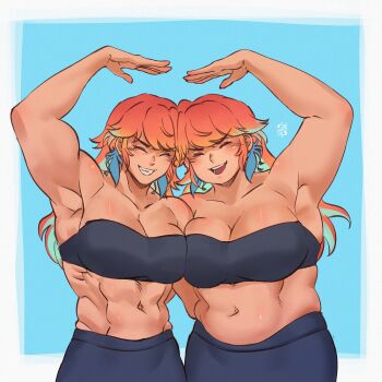 2girls abs alternate_body_size alternate_breast_size_(larger) alternate_muscle_size biceps blush breasts highres hololive hololive_english iskaydi large_breasts long_hair multiple_girls muscular muscular_arms muscular_female obliques plump strongman_waist takanashi_kiara thick_arms virtual_youtuber