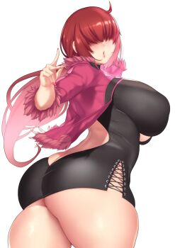 1girl ass aster_crowley breasts bursting_ass butt_crack cleavage cleavage_cutout clothes_lift clothing_cutout curvy dress female_focus fishnets fluffy from_behind highres huge_ass huge_breasts jacket large_breasts long_hair looking_at_viewer looking_back pale_skin ponytail red_hair shermie_(kof) shiny_clothes shiny_skin skirt skirt_lift standing the_king_of_fighters thick_thighs thighs upskirt wide_hips