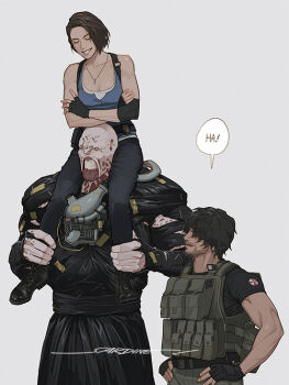 1girl 2boys artist_name black_hair black_shirt blue_shirt brown_hair carlos_oliveira carrying closed_eyes crossed_arms denim grey_background hands_on_own_hips jeans jill_valentine multiple_boys nemesis_(resident_evil) pants resident_evil resident_evil_3:_nemesis resident_evil_3_(remake) sardine_(kjr0313) shirt shoulder_carry signature simple_background smile