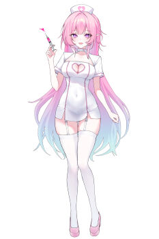 1girl absurdres alternate_costume aqua_hair blue_hair breasts cleavage clothing_cutout collarbone commentary covered_navel cyrene_(honkai:_star_rail) cyrene_(ripples_of_past_reverie)_(honkai:_star_rail) diamond-shaped_pupils diamond_(shape) dress full_body garter_straps gradient_hair hat heart heart_cutout high_heels highres holding holding_syringe honkai:_star_rail honkai_(series) impossible_clothes impossible_dress large_breasts long_hair looking_at_viewer multicolored_hair nurse nurse_cap open_mouth pink_eyes pink_hair pink_shoes pointy_ears ribo_(rib6o_o9) shoes short_sleeves shrug_(clothing) sidelocks simple_background smile solo symbol-only_commentary symbol-shaped_pupils syringe tachi-e thighhighs thighs very_long_hair white_background white_dress white_garter_straps white_shrug white_thighhighs