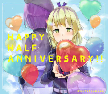 Rule 34 | 2girls, back-to-back, balloon, belt, black jacket, black ribbon, blonde hair, blue sky, blush, closed mouth, commentary request, cowboy shot, day, film grain, green eyes, hair between eyes, hair ribbon, hands up, hat, heart balloon, heaven burns red, highres, jacket, light smile, long sleeves, looking at viewer, medium hair, military hat, military uniform, multiple girls, muratoamado, nanase nanami (heaven burns red), outdoors, purple hair, ribbon, short hair, sky, split mouth, tezuka saki, twitter username, upper body, white belt