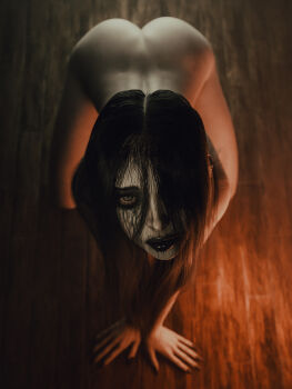 1girl 3d ass black_hair black_lips blender_(medium) ecksoh fingernails ghost grey_eyes highres long_hair looking_at_viewer looking_up makeup nude pale_skin runny_makeup solo the_ring yamamura_sadako