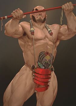 1boy abs armor armpit_peek balding bara beard biceps black_hair convenient_censoring covered_eyes covering_privates facial_hair feet_out_of_frame frown hands_up highres holding holding_polearm holding_weapon japanese_armor large_pectorals male_focus mature_male muscular muscular_arms muscular_legs muscular_male mustache mutton_chops nipples nude nude_cover original pectorals polearm second-party_source solo stomach_tattoo strongman_waist tattoo thighs tooboshoo weapon