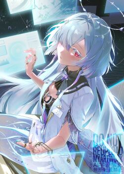 1girl absurdres badge blush breasts colored_eyelashes commentary_request crystal_shards display dress earrings gradient_clothes gradient_dress hair_ornament hair_over_one_eye halo highres jacket jewelry kado_51 looking_at_viewer mornye_(wuthering_waves) multiple_rings parted_lips purple_dress red_eyes revision ring see-through_body sitting small_breasts solo tacet_mark_(wuthering_waves) triangle_earrings white_halo white_jacket wuthering_waves