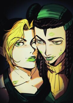 2girls black_hair blonde_hair breasts cleavage commentary_request double_bun dreadlocks ermes_costello forehead_tattoo green_eyes green_hair green_lips hair_bun highres jojo_no_kimyou_na_bouken kimeohandream korean_commentary kuujou_jolyne lipstick lipstick_mark makeup medium_breasts multicolored_hair multiple_girls one_eye_closed stone_ocean tattoo turtleneck two-tone_hair yuri