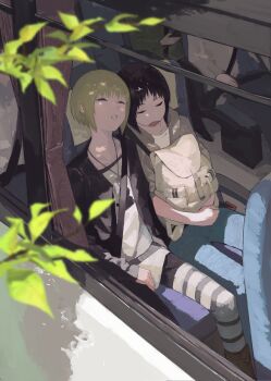 Rule 34 | 2boys, 2girls, arashiyama hotori, bag, black hair, blonde hair, blue pants, blurry, blurry foreground, bob cut, branch, bus, bus interior, closed eyes, ear piercing, frog243, from outside, highres, holding, holding bag, jewelry, kon futaba, motor vehicle, multiple boys, multiple girls, necklace, open mouth, pants, parted lips, piercing, sitting, sleeping, soredemo machi wa mawatteiru, striped clothes, striped thighhighs, thighhighs