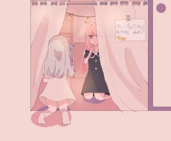 2girls bad_id bad_twitter_id black_dress blue_hair blush caution_tape curtains dress finger_to_mouth fusuma hair_ribbon hand_up inactive_account index_finger_raised indoors keep_out kneeling kotonoha_akane kotonoha_aoi long_hair looking_at_another mu_(fyt8ozu7rxqyoy4) multiple_girls open_door pink_eyes pink_hair ribbon short_dress short_sleeves shushing siblings sign sisters sliding_doors socks string_of_light_bulbs translated v-shaped_eyebrows voiceroid white_dress white_socks