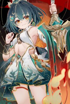 Rule 34 | 1girl, absurdres, bare shoulders, black hair, chinese clothes, earrings, evzeva, hair between eyes, hair ornament, highres, holding, holding sword, holding weapon, honkai: star rail, honkai (series), jewelry, long hair, low twintails, red nails, skirt, solo, standing, sword, tiara, twintails, weapon, yellow eyes, yunli (honkai: star rail)