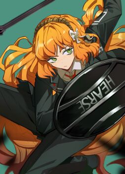 1girl aqua_background arm_shield black_jacket black_pants bow closed_mouth freckles green_eyes hair_bow highres holding holding_mace holding_weapon ishmael_(project_moon) jacket lapels limbus_company long_hair looking_to_the_side m_ttl mace notched_lapels orange_hair pants project_moon sidelocks simple_background solo very_long_hair weapon white_bow