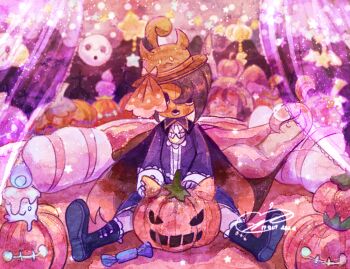 Rule 34 | 1boy, 1girl, acerola (fall 2020) (pokemon), acerola (pokemon), allister (fall 2022) (pokemon), allister (pokemon), anya's heh face (meme), appleko, brown hat, cape, gen 5 pokemon, gen 6 pokemon, gourgeist, hat, jack-o'-lantern, litwick, male focus, mask, meme, nintendo, official alternate costume, pokemon, pokemon (creature), pokemon masters ex, pumpkin, purple hair, signature, sitting, star (symbol)