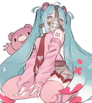 animal_ears aqua_eyes aqua_hair bear bear_ears bear_paws commentary detached_sleeves fake_blood gloomy_bear hatsune_miku highres long_hair muzzle_(mask) necktie nekonika_(e102k) number_tattoo pink_nails simple_background stuffed_animal stuffed_toy tattoo teddy_bear twintails very_long_hair vocaloid