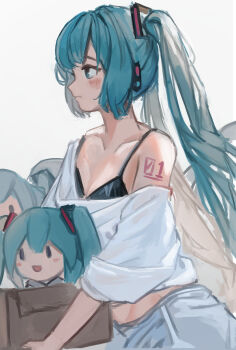1girl absurdres aqua_eyes aqua_hair black_bra blush box bra breasts cardboard_box character_doll cleavage collarbone commentary_request doll fuwapuchi hair_ornament hatsune_miku highres holding holding_box long_hair looking_to_the_side number_tattoo off-shoulder_shirt off_shoulder shirt shoulder_tattoo simple_background stuffed_toy tattoo twintails underwear vanilla_flan very_long_hair vocaloid white_background white_shirt
