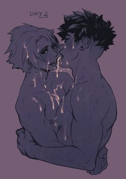 2boys body_freckles boku_no_hero_academia closed_eyes cropped_torso cum cum_on_body cum_on_chest cum_on_hair cum_swap facial freckles greyscale kaminari_denki male_focus midoriya_izuku monochrome multiple_boys multiple_scars scar short_hair spacenipnops undercut yaoi