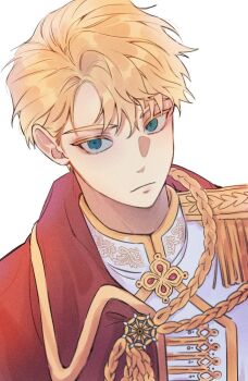 Rule 34 | 1boy, :/, aiguillette, alberu crossman, blonde hair, blue eyes, cape, closed mouth, colored eyelashes, commentary request, epaulettes, expressionless, gem, jacket, korean commentary, lips, looking at viewer, lout of count's family, male focus, medal, military, military uniform, portrait, red cape, sad, short hair, simple background, solo, thx362, turtleneck, turtleneck jacket, upper body, white background, white jacket