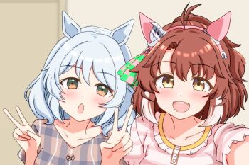 2girls ahoge animal_ears blush bow breasts brown_eyes brown_hair checkered_ribbon collarbone commentary_request dantsu_flame_(umamusume) double_v ear_covers ear_ribbon grey_hair hair_between_eyes hairband highres hishi_miracle_(umamusume) horse_ears horse_girl looking_at_viewer medium_hair multicolored_hair multiple_girls open_mouth pink_hairband pink_shirt renny_(seraphyfether) shirt smile umamusume v white_hair