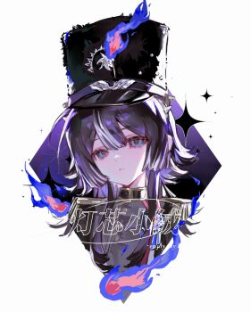 1girl blue_eyes commission dengxin_xiao_rong epaulettes expressionless eyelashes hair_between_eyes hat hat_ornament highres long_hair looking_at_viewer mihuashi_commission multicolored_hair original parted_lips portrait purple_hair sidelocks solo star_(symbol) two-tone_hair watermark white_background