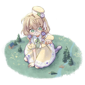 Rule 34 | 1girl, :<, between legs, braid, brown hair, collared shirt, faux figurine, floral print, floral print skirt, flower, from above, giant, giantess, glasses, green eyes, green ribbon, grey-framed eyewear, hair flower, hair ornament, hair over shoulder, half crown braid, hand between legs, hat, highres, house, long hair, looking down, low twin braids, mary janes, meadow, mini hat, miniskirt, moicco333, neck ribbon, nijisanji, on ground, parted lips, polka dot, polka dot shirt, polka dot skirt, print skirt, puffy short sleeves, puffy sleeves, purple flower, ribbon, round eyewear, shirt, shoes, short sleeves, single hair intake, sitting, skirt, socks, solo, tilted headwear, tree, triangle mouth, twin braids, virtual youtuber, wariza, white background, white ribbon, white socks, yaguruma rine, yaguruma rine (1st costume), yellow shirt, yellow skirt