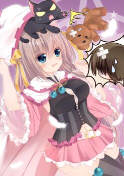 1girl ^^^ absurdres anger_vein animal animal_ear_headwear animal_hands animal_on_head bandaid bandaid_on_hand belt black_cat black_shirt black_thighhighs blue_eyes blush breasts brown_hair button_gap buttons cape cat cat_on_head claws cleavage colored_sclera commentary cowboy_shot detached_sleeves dutch_angle fake_animal_ears falling_feathers fangs feathers flying_sweatdrops frilled_skirt frills furrowed_brow hand_on_headwear hands_up hat highres hoshina_shuuji large_breasts long_hair long_sleeves magical_girl miniskirt misu_t_(ccc) navel on_head open_mouth pink_cape pink_skirt pleated_skirt purple_background sanoba_witch shiiba_tsumugi shirt short_hair simple_background skirt sleeveless sleeveless_shirt solo souma_nanao speech_bubble spoken_character stuffed_animal stuffed_toy sweatdrop tareme teddy_bear thighhighs two-sided_cape two-sided_fabric wavy_mouth white_belt white_cape white_feathers white_hat wide_sleeves yellow_sclera zettai_ryouiki