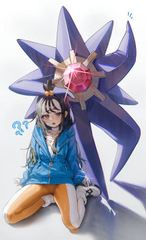 Rule 34 | 1girl, ?, ??, absurdres, arm rest, black hair, blue hoodie, blush, breasts, choker, collarbone, colored skin, commentary request, cube hair ornament, gem, gen 1 pokemon, grey eyes, hair ornament, highres, hood, hood down, hoodie, kerno, leggings, lida (pokemon), long hair, long legs, long sleeves, looking at viewer, mega pokemon, mega ring, mega starmie, nintendo, open mouth, orange leggings, pokemon, pokemon (creature), pokemon legends: z-a, purple skin, red gemstone, shirt, simple background, starfish, starmie, sweat, topknot, two-tone legwear, white choker, white leggings, white shirt, wispy bangs
