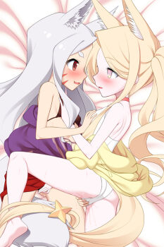 animal_ear_fluff animal_ears ass barefoot bed between_legs bikini black_bikini blonde_hair blue_archive blush breasts commission commissioner_upload crossover eye_contact face-to-face facial_mark feet fingering forehead fox_ears fox_girl fox_tail fugetsu_taku grabbing_another's_breast grey_hair groping highleg highleg_one-piece_swimsuit jacket loli long_hair looking_at_another lying mutual_masturbation off_shoulder on_side one-piece_swimsuit open_mouth purple_jacket pussy_juice red_eyes red_sarong sarong seia_(blue_archive) seia_(swimsuit)_(blue_archive) sewayaki_kitsune_no_senko-san shiro_(sewayaki_kitsune_no_senko-san) side_ponytail skeb_commission small_breasts smile soles species_connection spread_legs swimsuit tail tail_between_legs thighs toes white_one-piece_swimsuit yellow_eyes yellow_jacket yuri