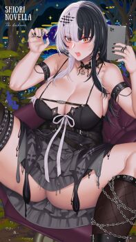 Rule 34 | 1girl, absurdres, alternate breast size (larger), arm strap, black choker, black dress, black hair, black nails, black thighhighs, breasts, chain, character name, choker, claw pose, cleavage, convenient skirt, dress, hanada yanochi, highres, holding, holding phone, hololive, hololive english, jewelry, large breasts, long hair, looking at viewer, no panties, open mouth, phone, ribbon, ring, shiori novella, shiori novella (1st costume), single thighhigh, solo, spread legs, thighhighs, virtual youtuber, white hair, white ribbon, yellow eyes