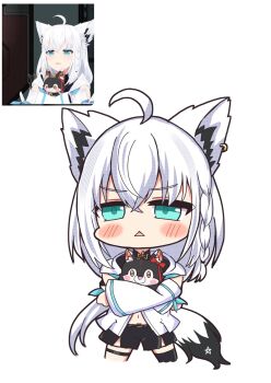 Rule 34 | 1girl, ahoge, animal ears, aqua eyes, ascot, ben-day dots, black shorts, blue ascot, blush stickers, chibi, chibi only, commentary request, cropped legs, detached sleeves, earrings, fox ears, fox girl, fox tail, highres, holding, holding stuffed toy, hololive, jewelry, looking at viewer, navel, outline, reference inset, sabamiso (tomomon021831), screentones, shirakami fubuki, shirakami fubuki (1st costume), shorts, simple background, single earring, single thighhigh, solo, stuffed animal, stuffed toy, tail, thigh strap, thighhighs, triangle mouth, virtual youtuber, white background, white hair