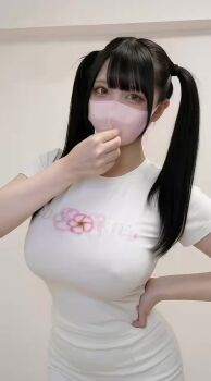 1girl animated bouncing_breasts breasts face_mask japanese_(nationality) mask real_life shirt tagme tight_clothes tight_shirt twintails video white_shirt