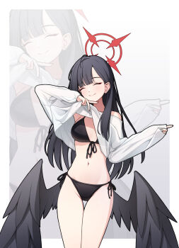 1girl ^_^ absurdres bikini black_bikini black_hair black_wings blue_archive border breasts closed_eyes closed_mouth clothes_lift commentary crop_top cropped_sweater feathered_wings feet_out_of_frame front-tie_bikini_top front-tie_top gradient_background grey_background halo highres ichika_(blue_archive) large_breasts lifting_own_clothes long_hair low_wings off-shoulder_sweater off_shoulder outside_border red_halo see-through_sweater side-tie_bikini_bottom smile solo standing straight_hair sweater sweater_lift swimsuit thfktlfh456 thigh_gap white_border white_sweater wings zoom_layer