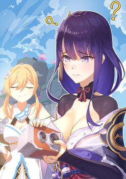 2girls absurdres bare_shoulders blonde_hair blue_sky blunt_bangs blunt_ends blush breasts bridal_gauntlets camera cherry_blossoms cleavage closed_eyes closed_mouth cloud cloudy_sky commentary confused couple dress embarrassed flower genshin_impact gradient_hair hair_between_eyes hair_flower hair_ornament highres holding holding_camera huge_breasts japanese_clothes kimono light_smile long_hair looking_down lumine_(genshin_impact) mitsudomoe_(shape) mole mole_under_eye multicolored_hair multiple_girls outdoors purple_eyes purple_hair purple_kimono raiden_shogun red_sash sash scarf shade short_hair skimun sky smirk smug standing tomoe_(symbol) tree upper_body white_dress yuri