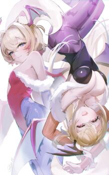 2girls absurdres animal_ear_fluff animal_ears animal_print bandaid bandaid_hair_ornament bare_shoulders bat_print bat_wings belt black_collar black_leotard blonde_hair blue_eyes blue_hair blue_hairband blue_pantyhose breasts bridal_gauntlets cleavage clothing_cutout collar cosplay cutout_above_navel darkstalkers demon_girl diamond_cutout dog_ears dog_girl dog_tail fake_horns feather-trimmed_leotard flat_chest fur-trimmed_leotard fur_trim fuwawa_abyssgard hair_ornament hairband halloween halloween_costume happy_halloween head_wings heart_cutout highleg highleg_leotard highres hololive hololive_english horn_hairband horns large_breasts leotard lilith_(darkstalkers) lilith_(darkstalkers)_(cosplay) long_hair looking_at_viewer mococo_abyssgard morrigan_aensland morrigan_aensland_(cosplay) multicolored_hair multiple_girls off-shoulder_leotard open_mouth pantyhose pink_belt pink_eyes pink_hair pink_hairband print_pantyhose purple_pantyhose purple_wings red_leotard short_hair siblings sisters smile sobbi11 spiked_collar spikes streaked_hair tail twins virtual_youtuber wings x_hair_ornament