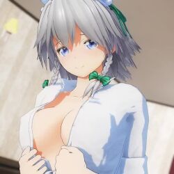 1girl 3d animated blue_eyes bouncing_breasts breasts closed_mouth grey_hair izayoi_sakuya jiggle looking_at_viewer medium_breasts mofumoko5 no_bra open_clothes open_shirt smile solo thighs touhou video