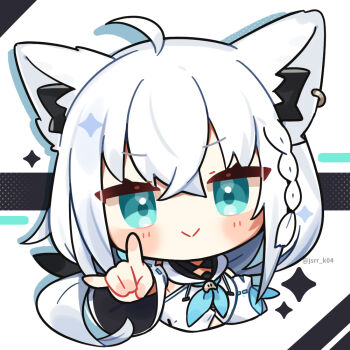 1girl ahoge animal_ear_piercing animal_ears blue_eyes blue_neckerchief blush braid chibi chibi_only closed_mouth commentary cropped_torso fox_ears fox_girl fox_shadow_puppet hololive kashiwase_karune long_hair long_sleeves looking_at_viewer neckerchief ribbon-trimmed_sleeves ribbon_trim shirakami_fubuki shirt smile solo sparkle twitter_username virtual_youtuber white_background white_hair white_shirt wide_sleeves
