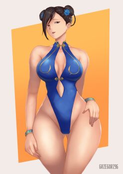 1girl absurdres alternate_costume black_hair blue_one-piece_swimsuit bracelet breasts capcom casual_one-piece_swimsuit chun-li cleavage curvy double_bun flower gluteal_fold grzegorz1996 hair_bun hair_flower hair_ornament highleg highleg_one-piece_swimsuit highres jewelry official_alternate_costume one-piece_swimsuit shiny_skin short_hair solo street_fighter street_fighter_6 swimsuit thigh_gap thong_one-piece_swimsuit wide_hips