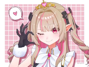 1girl ;) bare_arms black_gloves black_ribbon black_vest blunt_bangs blush border bow bowtie brooch collared_shirt colored_inner_hair drill_hair frilled_ribbon frilled_sleeves frills fur-trimmed_gloves fur_trim gloves gold_trim grey_hair grid_background hair_intakes hair_ornament hair_over_shoulder hair_ribbon half-heart_hands hand_up heart highres idol_clothes jewelry long_hair looking_at_viewer makaino_ririmu multicolored_hair nijisanji nijisanji_idol_uniform official_alternate_costume one_eye_closed outside_border pink_background pink_hair pink_streaks pointy_ears portrait rabbit_hair_ornament red_eyes ribbon shirt sidelocks smile solo spoken_heart streaked_hair tiara twitter_username two-tone_hair two_side_up vest virtual_youtuber white_border white_bow white_bowtie white_fur white_shirt yuzugoma09