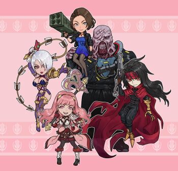 2boys 3girls axe black_gloves black_hair blue_dress blue_eyes breasts brown_hair cape cleavage deformed dress final_fantasy final_fantasy_vii final_fantasy_vii_rebirth final_fantasy_vii_remake fingerless_gloves fire_emblem gloves highres hilda_valentine_goneril hilda_valentine_goneril_(timeskip) holding holding_axe holding_whip isabella_valentine jill_valentine john_dimayuga large_breasts long_hair medium_breasts multiple_boys multiple_girls nemesis_(resident_evil) nintendo pink_eyes pink_hair red_cape red_eyes resident_evil resident_evil_3:_nemesis resident_evil_3_(remake) rocket_launcher sitting_on_shoulder soul_calibur vincent_valentine weapon whip white_hair