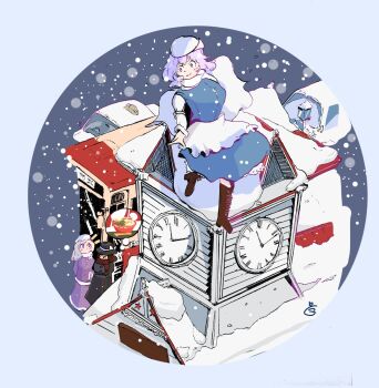 3girls apron black_hat blonde_hair blue_skirt blue_vest boots bowl bowl_hat brown_boots brown_hair cape car clock clock_tower coat food hat highres house imagining lace-up_boots letty_whiterock maribel_hearn motor_vehicle multiple_girls on_roof on_rooftop purple_coat purple_hair ringo_no_majutsushi scarf sitting_on_roof skirt smile snow snow_on_roof soup touhou tower usami_renko vest white_cape white_hat winter winter_clothes wooden_house