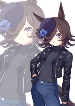 1girl animal_ears black_gloves black_jacket black_shirt blue_flower blue_pants blue_rose blush brown_hair closed_mouth commentary_request covered_navel flipped_hair flower gloves hair_over_one_eye hat hat_flower highres hokuyukis horse_ears horse_girl horse_tail jacket leather leather_jacket long_hair long_sleeves looking_at_viewer navel open_clothes open_jacket pants purple_eyes revision rice_shower_(umamusume) rose shirt simple_background smile tail tilted_headwear umamusume white_background zoom_layer