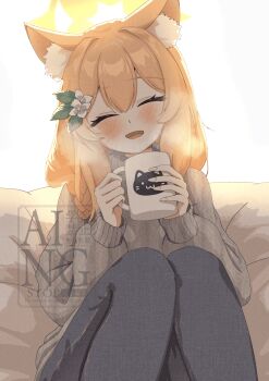 1girl absurdres alternate_costume animal_ear_fluff animal_ears blue_archive blue_pants blush bright_background casual cat_ears closed_eyes coffee coffee_mug commentary_request cup denim fingernails flower grey_sweater hair_flower hair_ornament halo highres holding holding_cup jeans kotoringo2525 long_sleeves looking_at_viewer mari_(blue_archive) mug open_mouth orange_hair pants sitting smile solo steam sweater watermark