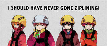 Rule 34 | 4boys, animification, aoey, black hair, blonde hair, blue eyes, brown eyes, brown hair, can, commentary, covered mouth, crossed arms, drink can, episode title, eric cartman, french kiss, gloves, harness, helmet, high collar, holding, holding can, jacket, kenny mccormick, kiss, kyle broflovski, long sleeves, male focus, multiple boys, orange hair, soda, south park, stan marsh, upper body