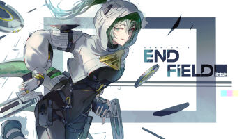 1girl arknights arknights:_endfield belt black_bodysuit black_gloves bodysuit capelet commentary copyright_name cowboy_shot dual_wielding english_commentary fia_xiang fingerless_gloves floating_hair fluorite_(arknights) gloves green_eyes green_hair grey_bodysuit gun hair_between_eyes hair_ornament hairclip handgun highres holding holding_gun holding_weapon hood hood_up hooded_capelet long_hair looking_back multicolored_gloves multiple_belts parted_lips ponytail pouch running snake_tail solo standing tail thigh_pouch weapon white_capelet white_gloves white_hood