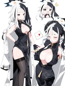 1boy 1girl :d absurdres black_dress black_eyes black_gloves black_hair black_thighhighs blue_archive blush breasts china_dress chinese_clothes cleavage closed_eyes coat coat_on_shoulders dress earrings gloves grabbing_another's_breast groping halo hand_on_own_hip heart highres holding holding_test_tube jewelry kai_(blue_archive) lab_coat large_breasts multicolored_hair multiple_views open_mouth plentyofempty sensei_(blue_archive) single_earring smile spoken_heart test_tube thighhighs two-tone_hair white_coat white_hair