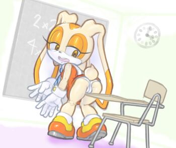 1girl 2024 20s animal_ears animal_nose ass bare_legs cameltoe chair classroom cream_the_rabbit crotch_rub desk dress bad_tag female_focus female_masturbation from_behind full_body furry furry_female gloves gluteal_fold half-closed_eyes indoors kneepits loli long_ears looking_at_viewer masturbation open_mouth orange_dress orange_eyes orange_footwear panties rabbit_ears rabbit_girl rabbit_tail rockthebull school school_chair school_desk sega sleeveless sleeveless_dress snout solo sonic_(series) standing table_humping thighs underwear upper_body white_gloves white_panties