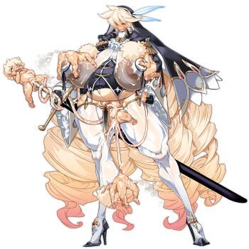 6+girls absurdres areola_slip baby bar_censor big_belly blank_censor blush breasts censored clitoris clitoris_piercing commentary_request commission full_body gigantic_breasts giving_birth highres inflation loli multiple_girls muscular_legs original piercing pregnant pussy pussy_peek pussy_piercing quintuplets simple_background skeb_commission small_head sword t.a.k. thick_thighs thighs toddler toddlercon tongue tongue_out umbilical_cord weapon white_background