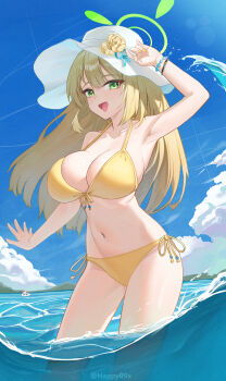 1boy 1girl absurdres arm_up armpits bikini blonde_hair blue_archive breasts chinese_commentary commentary_request doodle_sensei_(blue_archive) flower green_eyes green_halo halo happy05x hat hat_flower highres huge_breasts long_hair looking_at_viewer mixed-language_commentary mountainous_horizon nonomi_(blue_archive) nonomi_(swimsuit)_(blue_archive) ocean official_alternate_costume open_mouth partial_commentary partially_submerged sensei_(blue_archive) sun_hat swimsuit very_long_hair white_hat yellow_bikini yellow_flower