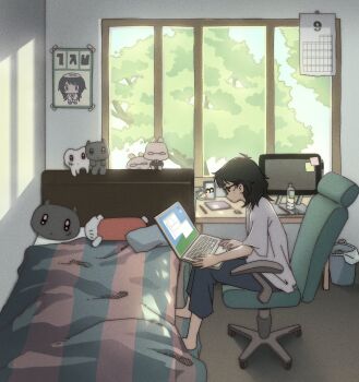 1girl bed bedroom black-framed_eyewear black_hair chair computer desk expressionless glasses highres icecream_juba indoors korean_commentary laptop medium_hair mole mole_on_cheek monitor office_chair original pants pillow profile shirt sitting solo stuffed_toy swivel_chair tablet_pc white_shirt window window_shadow