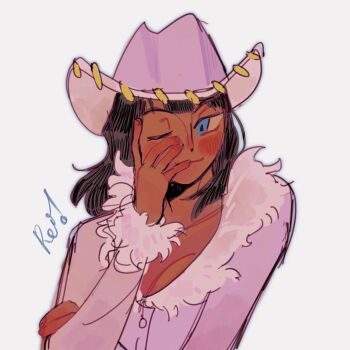 Rule 34 | 1girl, 2023, black hair, blue eyes, blunt bangs, blush, breasts, cleavage, closed mouth, coat, collarbone, commentary, dark-skinned female, dark skin, fur-trimmed coat, fur trim, hat, highres, looking to the side, nico robin, nico robin (alabasta), one eye closed, one piece, riicolato, simple background, smile, solo, upper body, white background, white coat, white hat