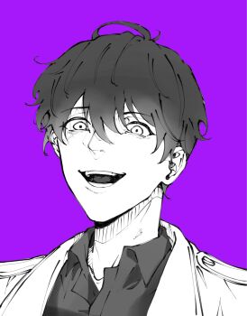 black_hair black_shirt coat collared_shirt constricted_pupils evil_grin evil_smile greyscale_with_colored_background grin hair_between_eyes hashtag-only_commentary head_tilt highres kim_dokja laughing looking_at_viewer naasmcuti2217 omniscient_reader&#039;s_viewpoint open_clothes open_coat popped_collar portrait shirt short_hair smile solo white_coat