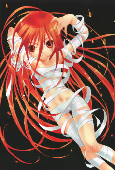 1girl absurdres bandages flat_chest highres loli long_hair looking_at_viewer naked_bandage navel official_art parted_lips peach-pit red_eyes red_hair shakugan_no_shana shana solo thigh_gap very_long_hair