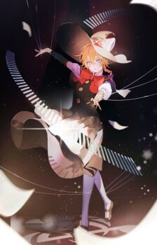 1girl absurdres artist_request black_capelet black_gloves black_hat black_shoes black_skirt black_vest blonde_hair blue_eyes bow bowtie braid buttons capelet commission cookie_(touhou) elbow_gloves full_body gloves hair_bow hat hat_bow highres kirisame_marisa mary_janes meguru_(cookie) pantyhose piano_keys puffy_short_sleeves puffy_sleeves puppet_strings red_bow red_bowtie second-party_source shirt shoes short_hair short_sleeves side_braid single_braid skirt skirt_set solo standing touhou vest white_pantyhose white_shirt witch_hat